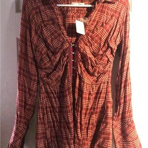 Free People Rust Plaid Hook-Front Long-Sleeve Blouse